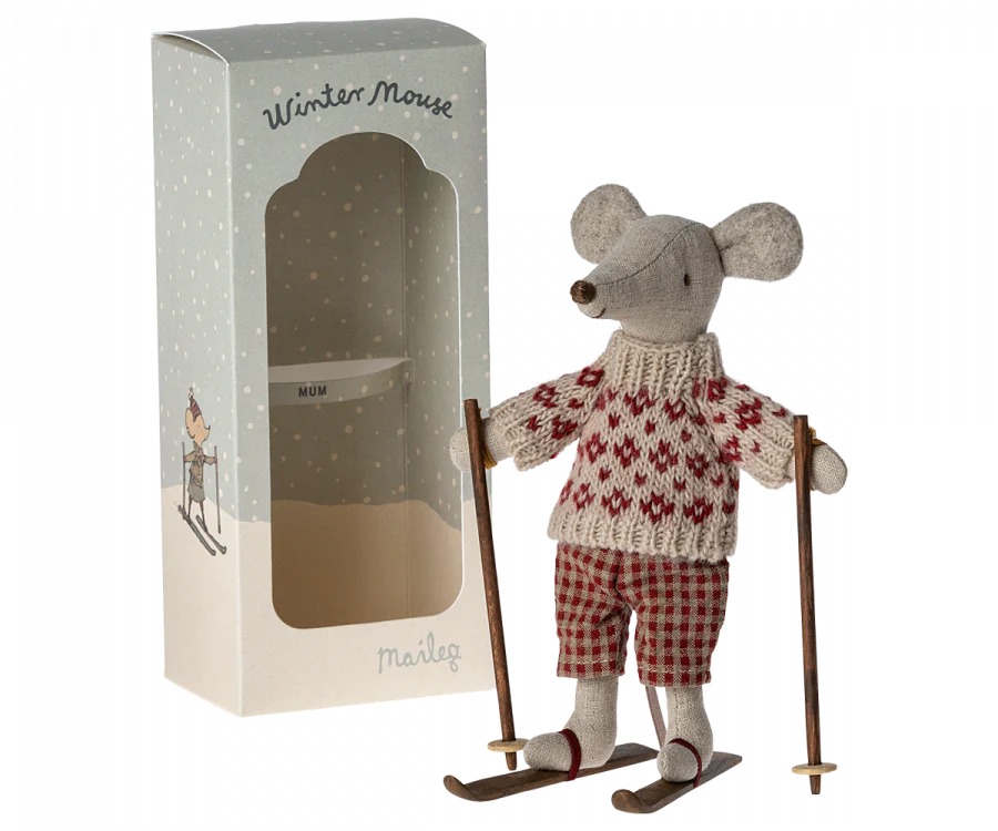 Maileg Winter Mouse with Ski Set, Mum